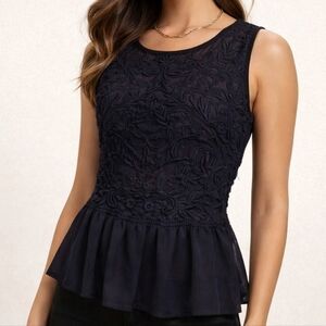 Forever 21 Black Embroidered Mesh Peplum Tank Top Medium Closet Staple Timeless